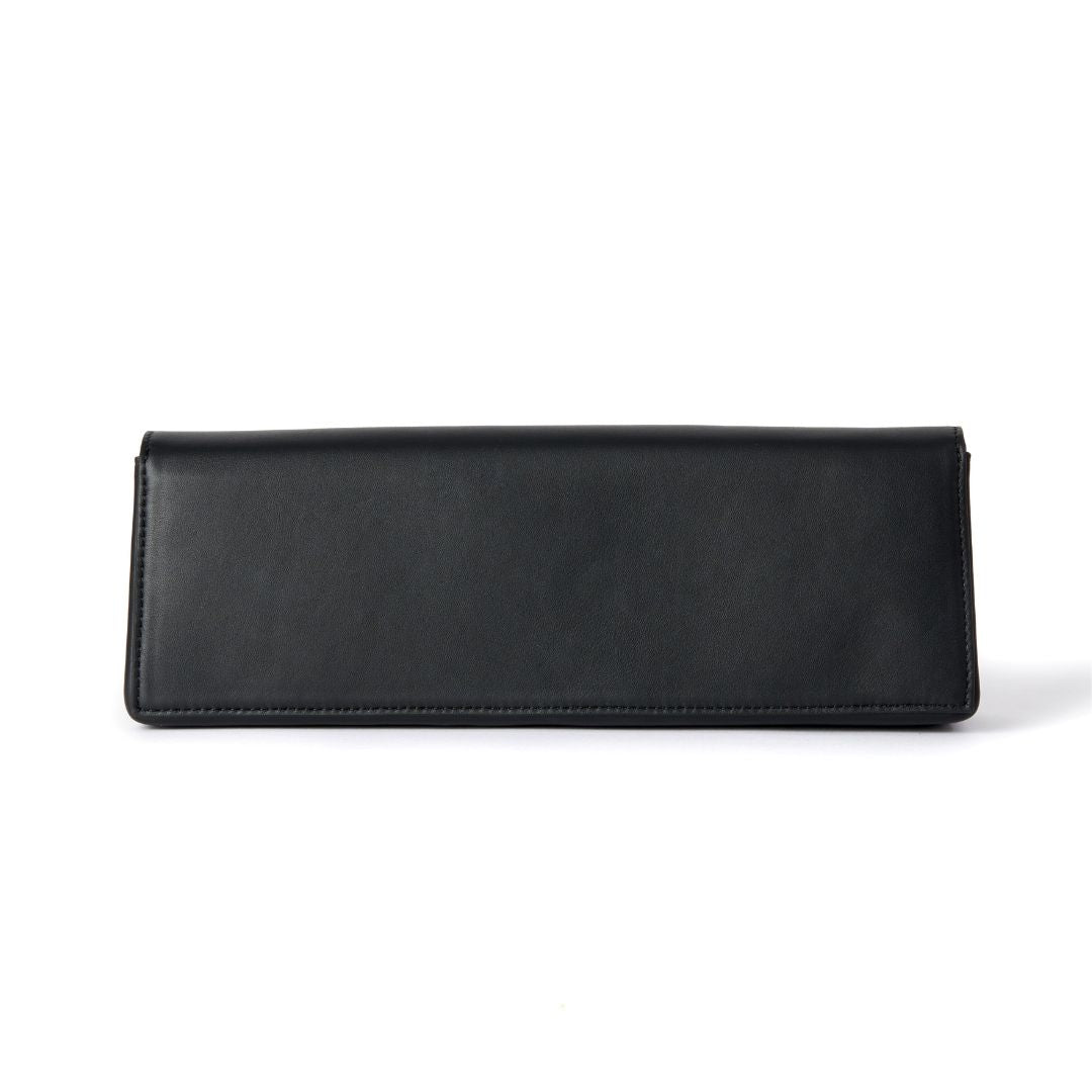 the back of a luxury black clutch bags back  #colour_black