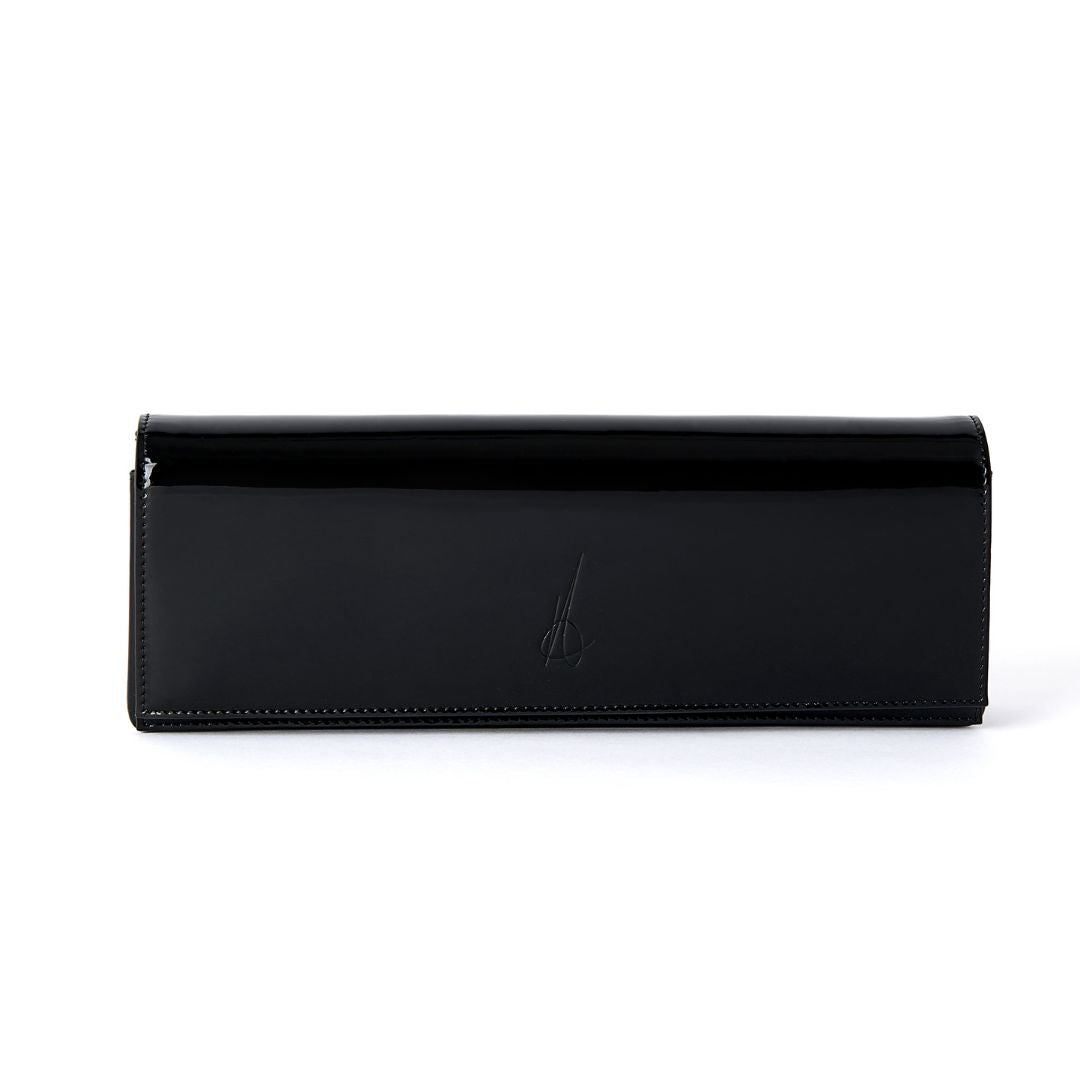 Front of a luxury black patent clutch bag from Aurora #colour_black - patent
